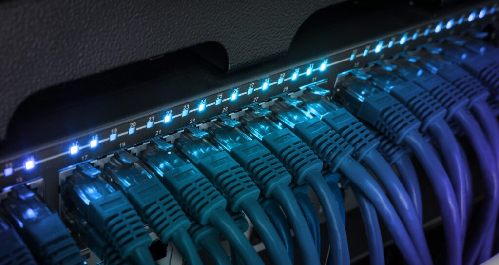 Wired Network Switches with Cat 6 Patch Cord and LED activities.