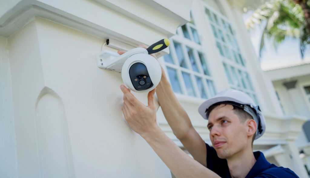 A technician installs a Security camera on the facade of a residential building.